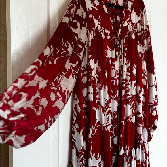 Johanna Ortiz x H&M Red Floral Maxi Dress Boho Tiered Tie-Neck Long Sleeve - Picture 5 of 9